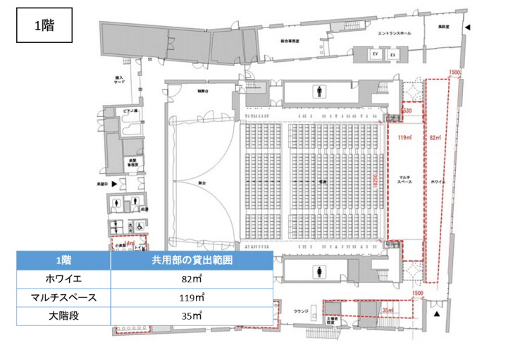 ホワイエ、マルチスペース、大階段の貸出範囲に関するフロアマップ