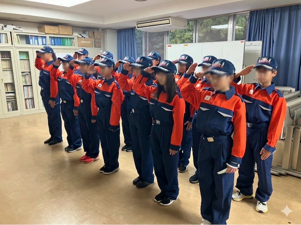 敬礼の練習をしている写真です。